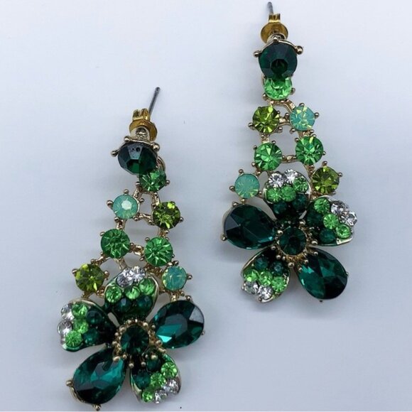 Vintage Green Crystal Floral Dangling Earrings - Picture 1 of 7
